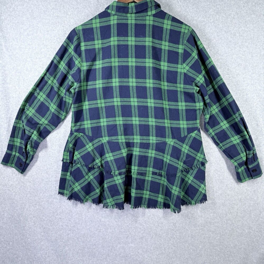 Joan Rivers Flannel Peplum Shirt Sz 12 Green Blue Cotton Plaid Button Down - Picture 2 of 13